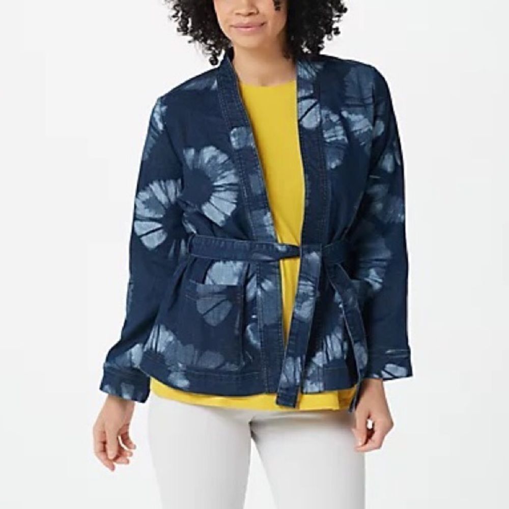 LOGO Lavish by Lori Goldstein Shibori Print Denim Wrap Jacket